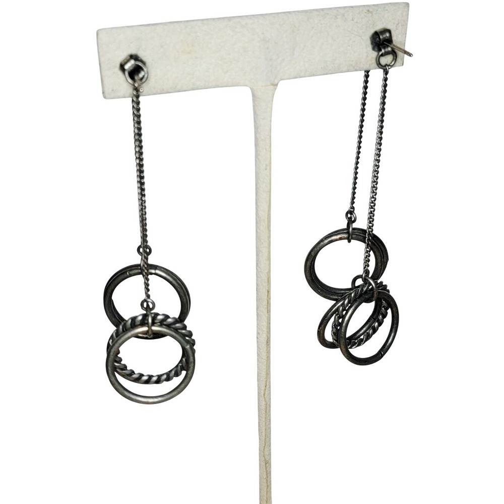 Long Silver Tone Circle Drop Earrings Modern Geometric Chain Dangle Statement